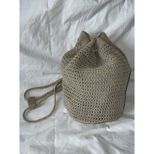 Boho Chic Crochet Drawstring Backpack Tan Khaki Bucket Bag Purse Sling Sack Knit